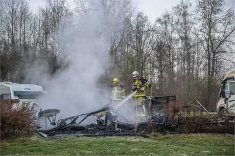 Kraftig brand i husvagn på Norbergs camping