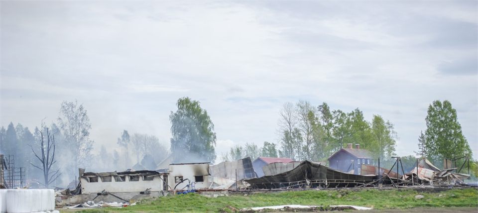 Brand i lantbruksbyggnad spreds till skog och flera byggnader